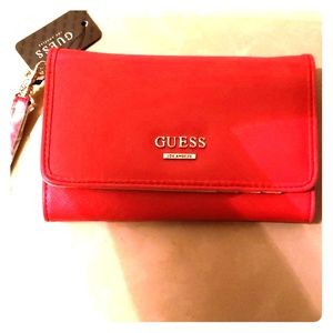 Red Leather Guess Wristlet Wallet